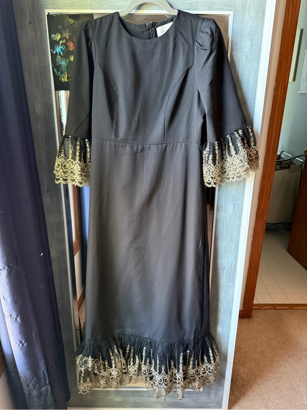 Tuckernuck Pomander Place Black Midi Dress with Gold Lace Trim